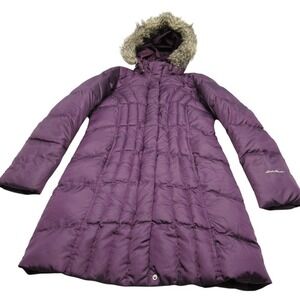 Eddie Bauer Down Jacket‎ Womens Small Purple Faux Fur Hooded Quilted Puffer